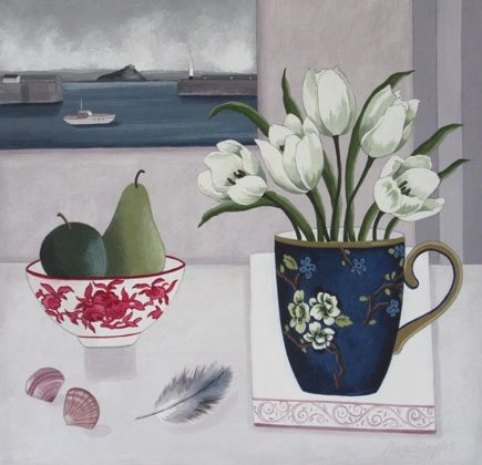 Penzance Harbour and White Tulips by Paula Sharples